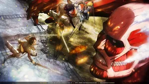 Eren, Mikasa, Armin Vs Colossal Titan Wallpaper