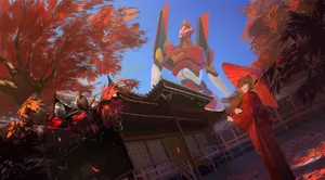 Eva-02 Battles Fiercely Against Enemies Wallpaper