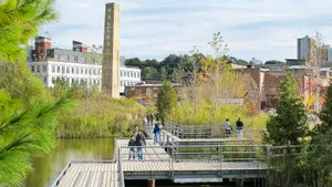 Evergreen Brick Works Pondand Walkway Wallpaper