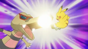 Evolved Sandile With Sunglasses Battling Pikachu Wallpaper