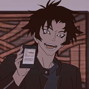 Excited Anime Characterwith Phone Wallpaper