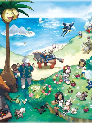 Exeggutor With Other Characters At Beach Wallpaper