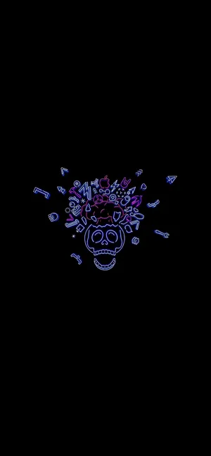 Exploded Skull Doodle Neon Lights Dark Mode Wallpaper