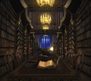 Exploring The Magical World Of Hogwarts Library Wallpaper