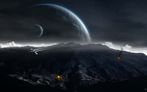 Extraterrestrial Landscapewith Spacecraft Wallpaper