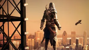 Ezio Auditore Standing On A Rooftop Overlooking The City Wallpaper