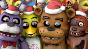 F N A F Christmas Group With Santa Hats Wallpaper