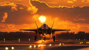 F35 Jet Sunset Runway Wallpaper