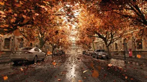 Fall Town Scenery - A Picturesque View Of A Quaint Town During Autumn. Wallpaper