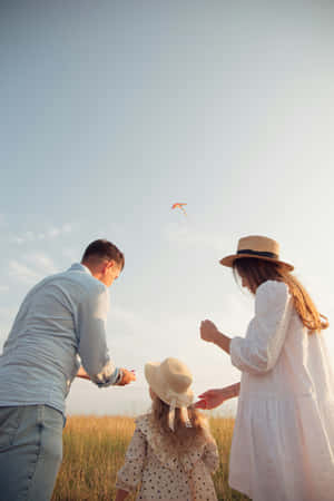 Family Kite Flying Field Sunset Wallpaper