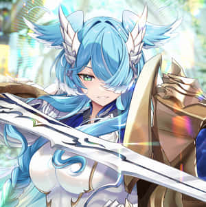 Fantasy Blue Haired Paladin With Sword Wallpaper