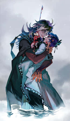 Fantasy Couple Snowy Embrace Wallpaper