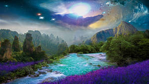 Fantasy Island With Purple Flowers Wallpaper