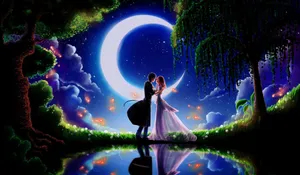 Fantasy Moon With Several Fireflies Wallpaper