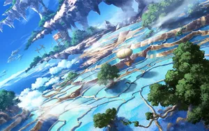 Fantasy_ Terraced_ Waterfalls_and_ Airship Wallpaper