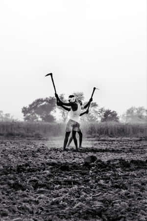 Farmer Raising Hoesin Field Wallpaper