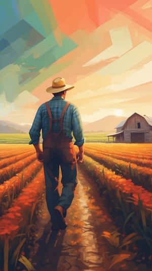 Farmer Walking Through Fields Wallpaper