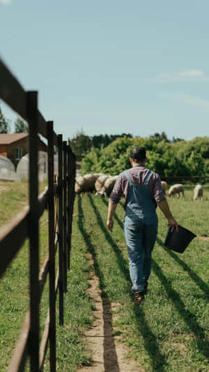 Farmer Walking Through Pasture Wallpaper