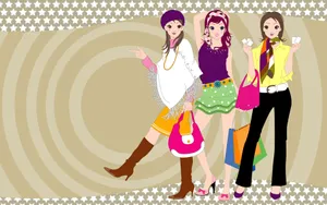 Fashionable Trio Cartoon Illustration Wallpaper