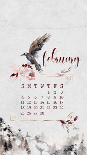 February Calendar Watercolor Perched Bird Wallpaper