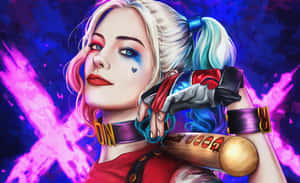 Feisty Harley Quinn Swinging Her Signature Baseball Bat Wallpaper