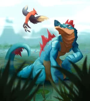 Feraligatr Playing With A Bird Wallpaper