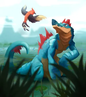 Feraligatr Playing With A Bird Wallpaper