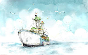 Ferry Boat Watercolor Drawing Wallpaper