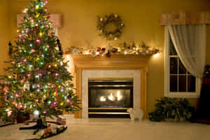 Festive Christmas Treeand Fireplace Decor Wallpaper