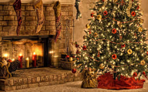 Festive Christmas Treeand Fireplace Scene.jpg Wallpaper