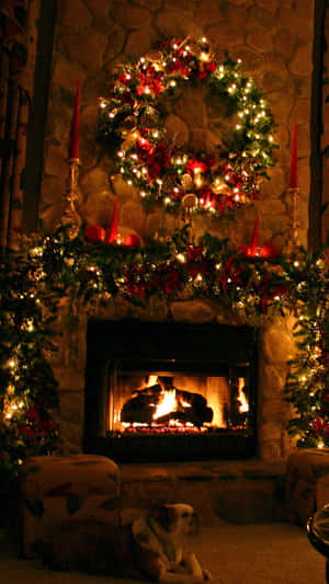 Festive Holiday Fireplace With Dog.jpg Wallpaper