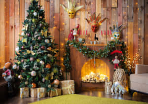 Festive Holiday Fireplacewith Masksand Tree.jpg Wallpaper