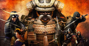 Feudal Japan Landscape At Dusk With Pagoda And Cherry Blossom Trees Wallpaper