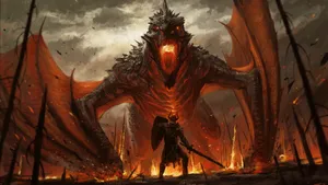 Fiery_ Dragon_and_ Warrior_ Artwork Wallpaper