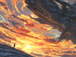 Figure On Alien Landscape Observing Colossal Organic Structure Wallpaper