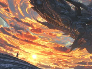 Figure On Alien Landscape Observing Colossal Organic Structure Wallpaper