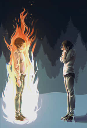 Fire Embraced Characterand Observing Figure Wallpaper