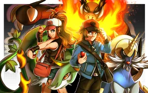Flaming Emboar Behind Hilda And Hilber Wallpaper
