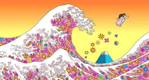 Floral Japanese Waves Art Wallpaper