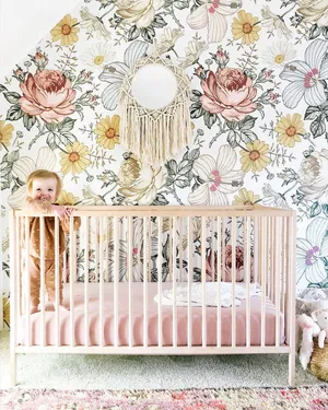 Floral Nurserywith Happy Toddler Wallpaper