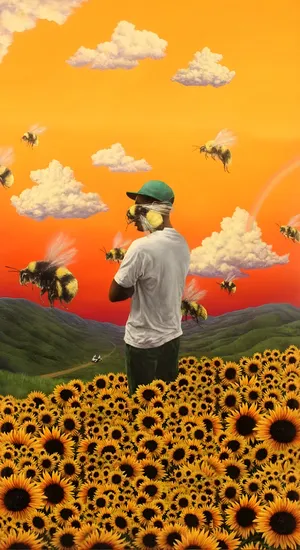 Flower Boy Among Sunflowers Wallpaper
