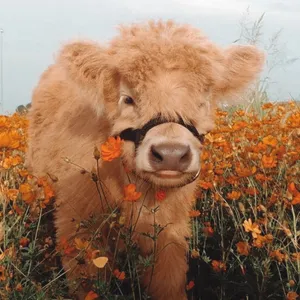 Fluffy Cow Among Orange Flowers Wallpaper