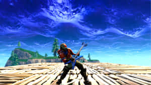 Fortnite - A Man In A Blue Shirt Standing On A Wooden Platform Wallpaper