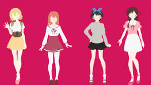 Four Anime Girls Standing In Front Of A Pink Background Wallpaper