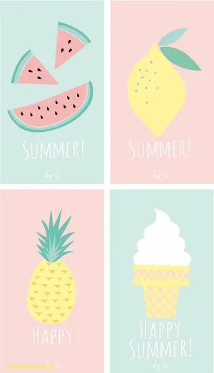 Four Summer Themed Prints With Fruit And Ice Cream Wallpaper