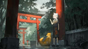 Fox Girl At Shrine Wallpaper