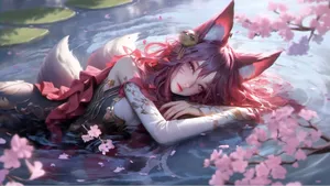 Fox Girl Relaxing Among Cherry Blossoms Wallpaper