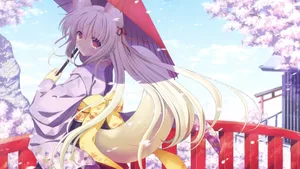 Fox Girl Under Cherry Blossoms Wallpaper