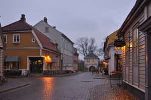 Fredrikstad Old Town Cobblestone Street Dusk Wallpaper