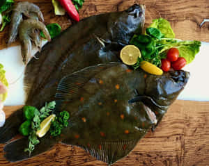 Fresh Plaice Fishon Cutting Board Wallpaper